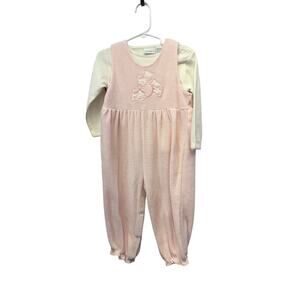 Vintage Cuddle Bear  Pink Knit Overalls white Sweater Girls 24 Months 1980s nwot